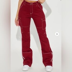 Fashion Nova Y2K Red Cargo Utility Jeans Contrast Stitch Festival Rave Size 7